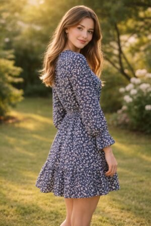 Women’s navy blue floral print dress with V-neckline, front buttons, long sleeves, fitted waist, and flared skirt,